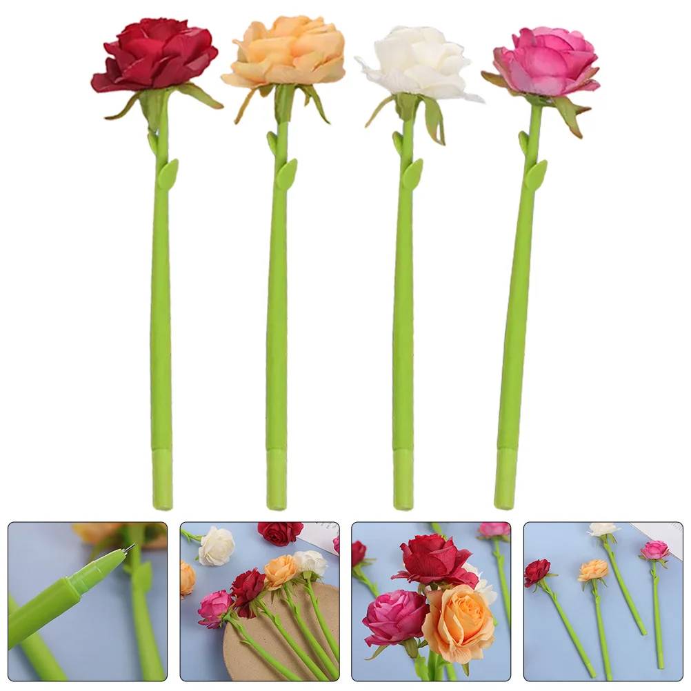 

4pcs Realistic Gel Smooth Writing For Office School Comfort Grip Flower Novelty Decorative Gifts Lifelike Rose Silicone