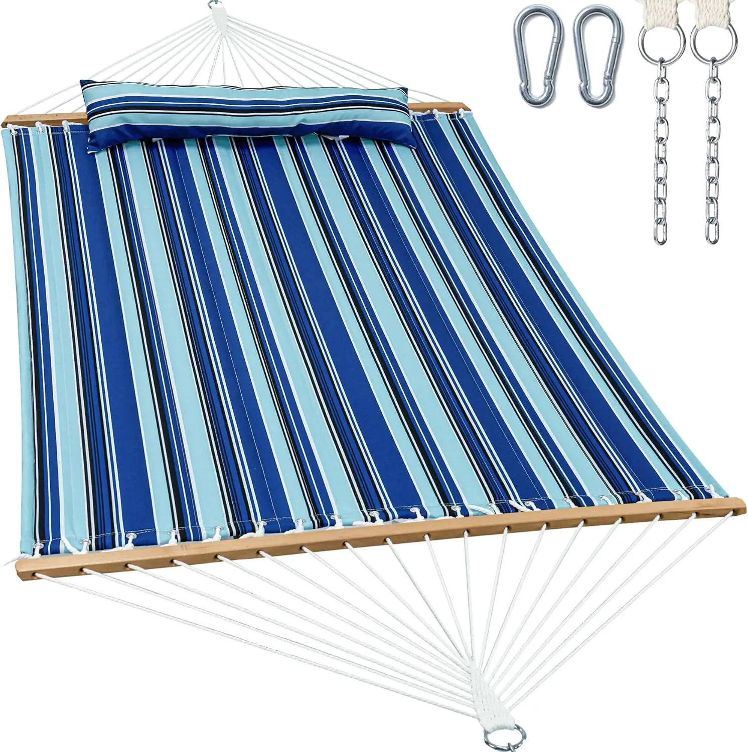 

2 Person Hammocks For Outside, Double Quilted Fabric Outdoor Hammo With Spreader Bar, Large Removable Pillow, Storage Pockets,