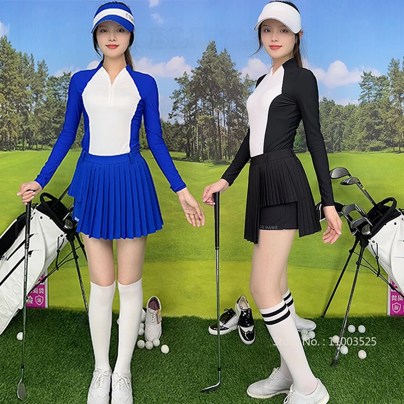 SG Lady Long Sleeve Golf Shirt Zipper V-neck Sports Tops Women Sunscreen Cooling Shirt Pleated Irregular Golf Skirt Slim Skort