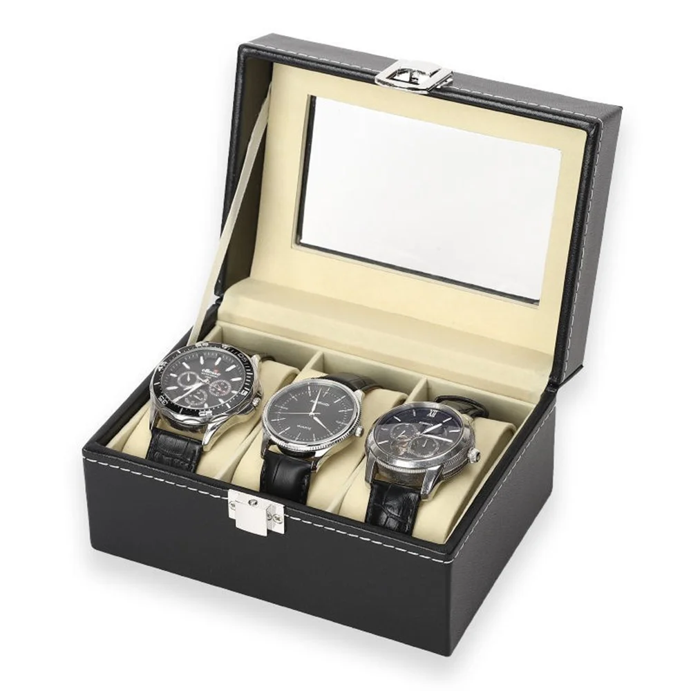 3/12 Grid PU Leather Display Collection Organizer Watch Box Case with Lock & Removable Pillows 1pc Watch Organizer