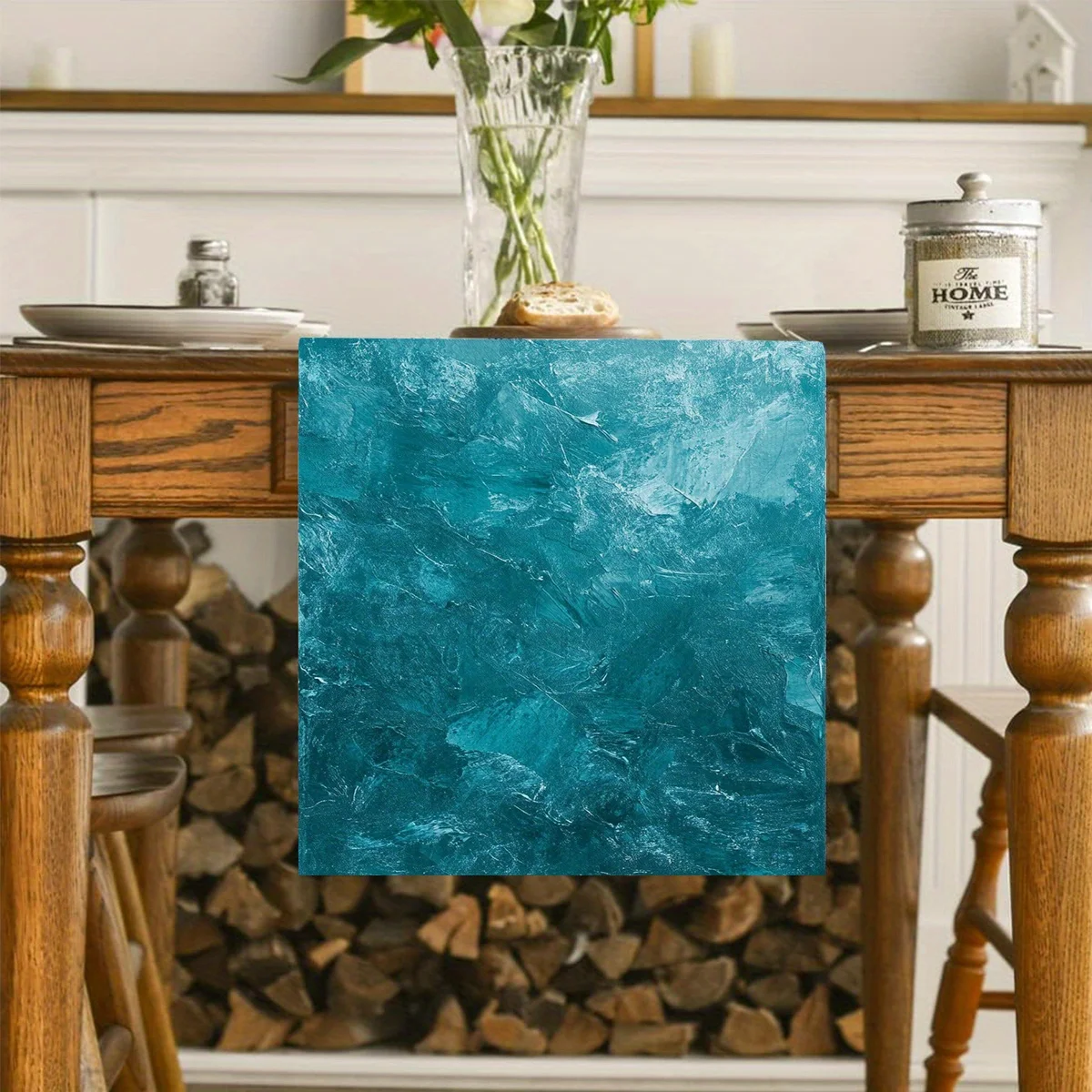 

Blue Water Deep Sea Waves Table Runner - Turquoise White Beachy Dining Room Decor