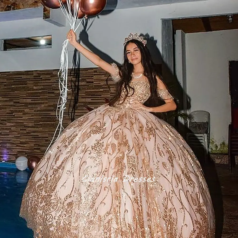 Rosa de ouro cristal lantejoulas apliques bola vestido quinceanera vestidos mexicano fora do ombro 15 anos doce 16