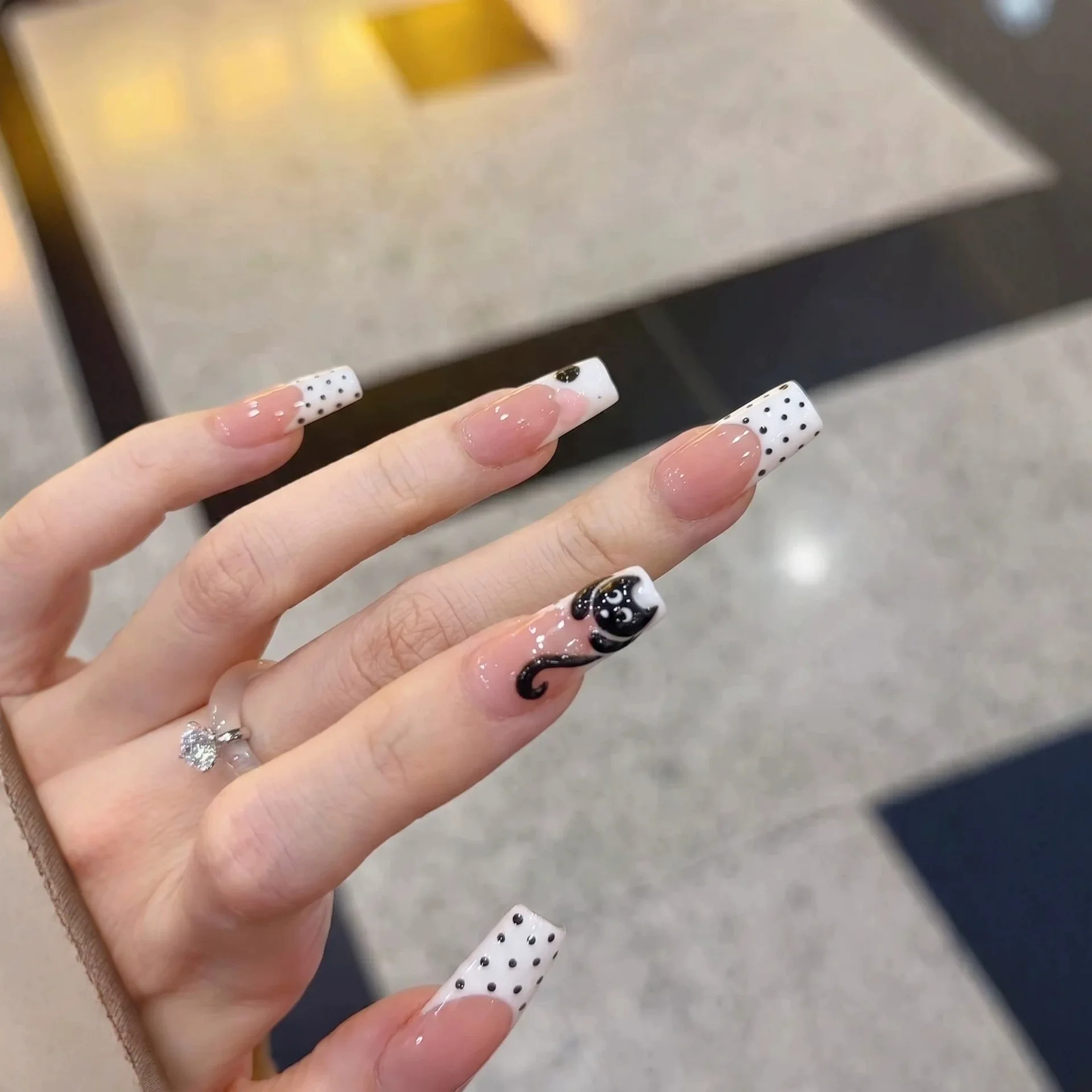 

10pcs Square French Manicure Press on Nails Handmade Vintage Sweet with Heart Cat Polka Dot Nude Details Reusable