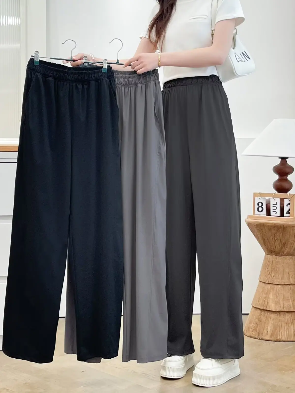 High Waist Wide Leg Pants Summer Casual Ice Silk Loose Elastic Waist Draped Slimming Women's plus Size Korean Style Trousers