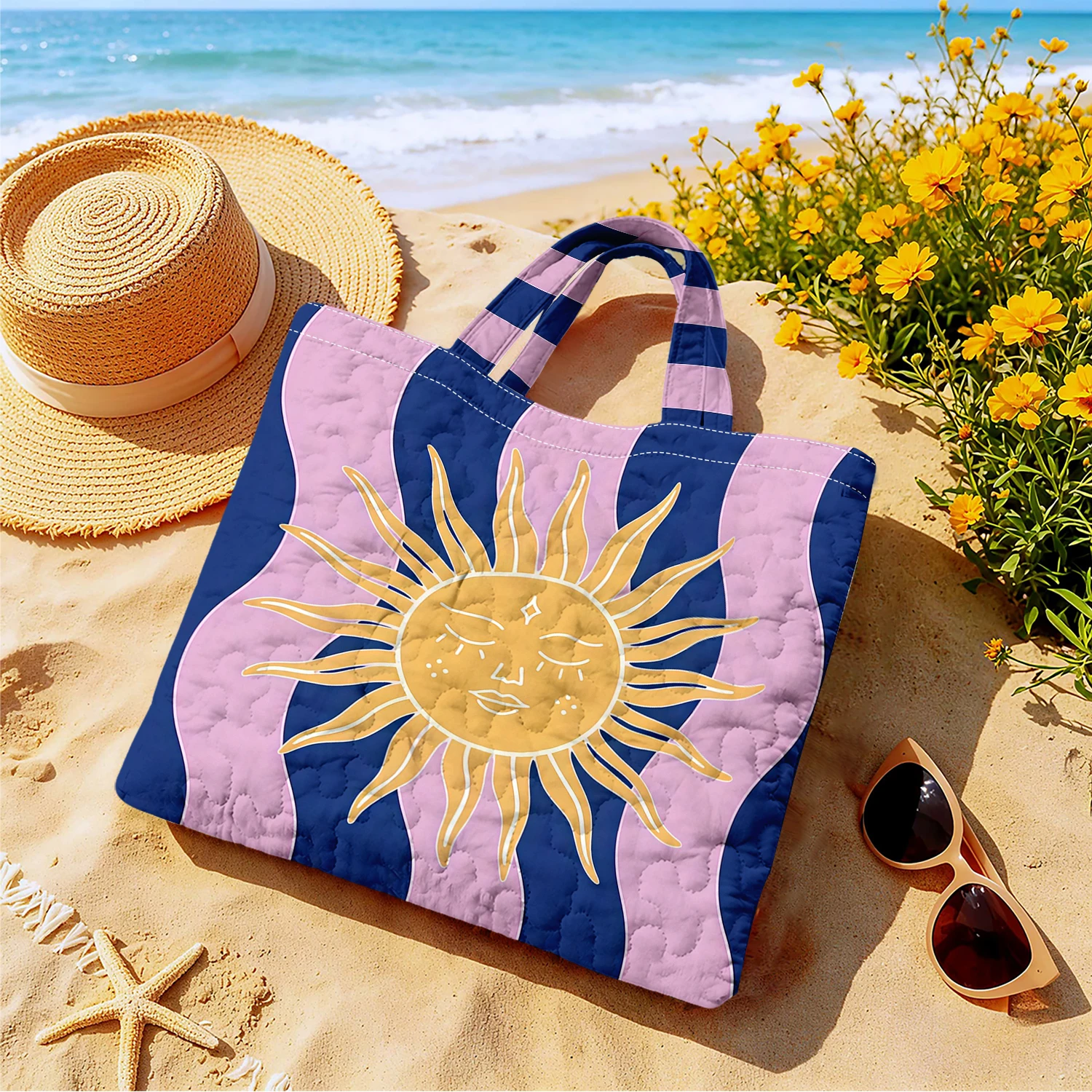 Pastel Wave Sun Large Capacity Canvas Shoulder Bag Dual Side Print Tote Bag Daily Shopping Bag Fashion Gift Handbag