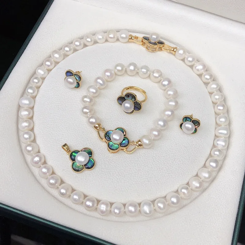 Zhuji Freshwater Pearl Necklace Set Wholesale Women's Fashion Versatile Accessories Niche Design Exquisite Abalone Shell Inlay