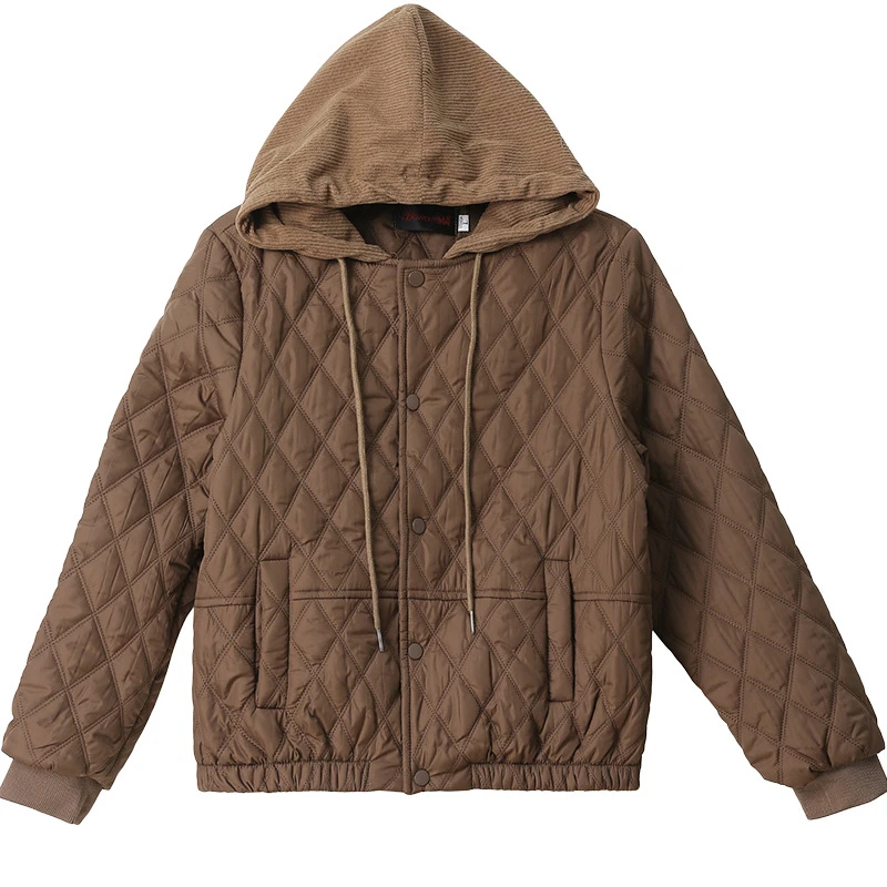 New Lattice Hooded Cotton Coat Lightweight Long Sleeve Loose Single‑Breasted Short Padded Jacket Fashion Casual Outerwear Women