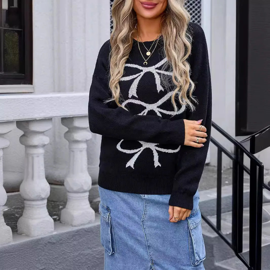 Women Knitted Pullovers Jumpers Spliced Sweater Bow Color Blocked O Neck Long Sleeve Loose Office Lady Casual Autumn Winter 2025