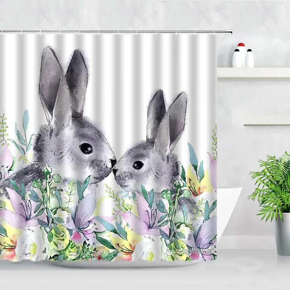 Lovely Rabbit Butterfly Children Shower Curtain Cartoon Animals Squirrel Fox Creative Art Modern Kids Bathroom Decor Curtain