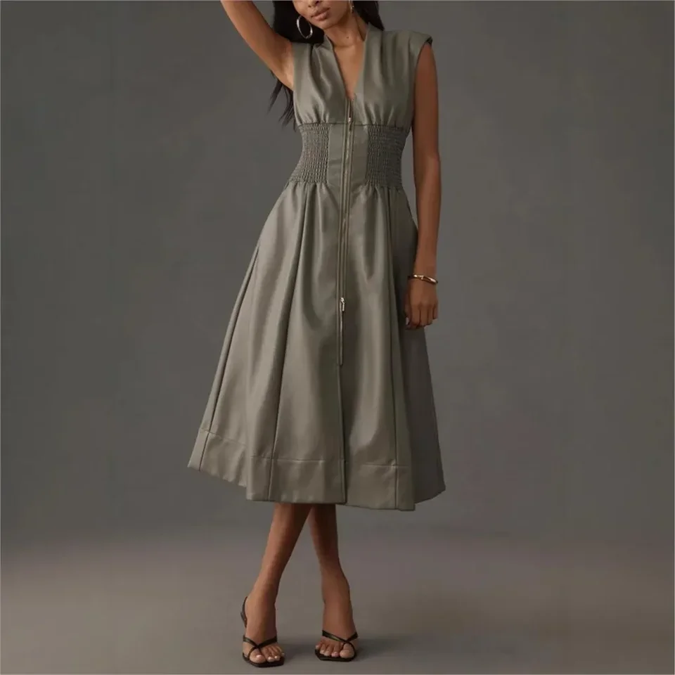 

PU Leather Zipper Long Dress Women Summer Sleeveless Elastic Waist Tight Retro Elegant Pleated Dress Female New Office Dresses