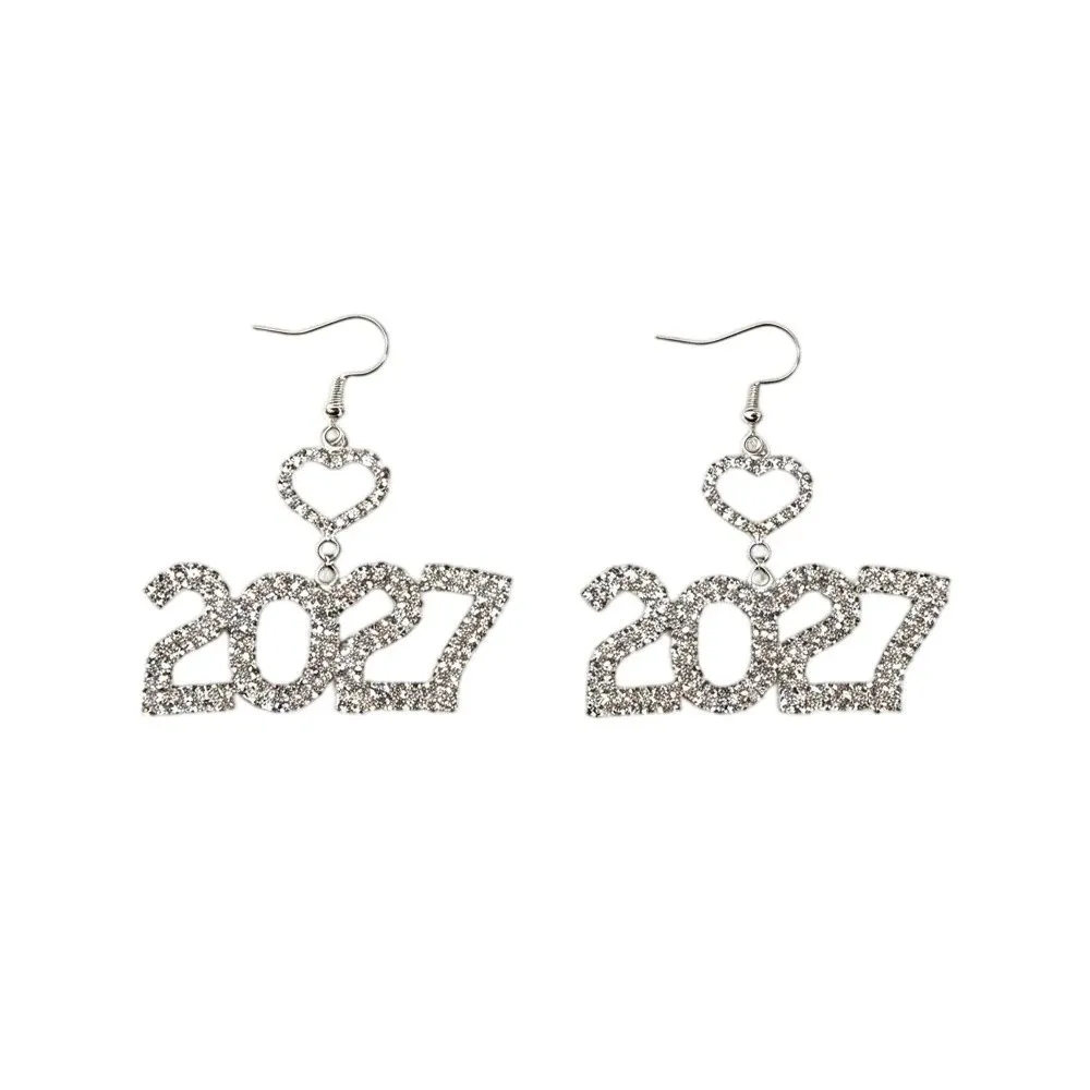 Elegant 2027 Digital Earrings Hollowed-out Fashion Heart-Shaped Happy New Year Earrings Long Drop Rhinestone