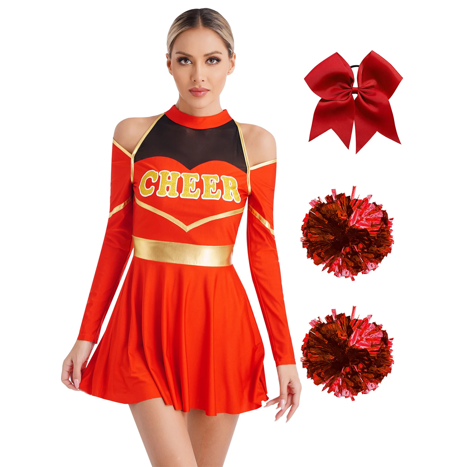 

Youthful Women Cheering Dress Competition Racing Cheer Outfits Bowknot Hair Band And 2Pcs Flower Balls Set for Cheer Outfits