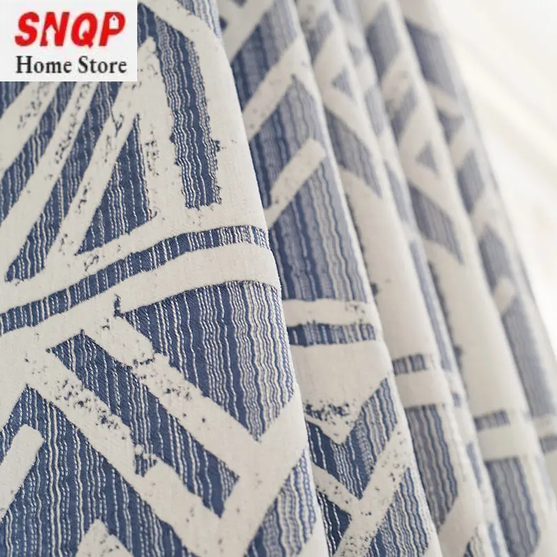 

Customized Metal Wire Blue Grid Chenille Abstract Simple Modern Nordic Blackout Curtains for Living Dining Room Bedroom