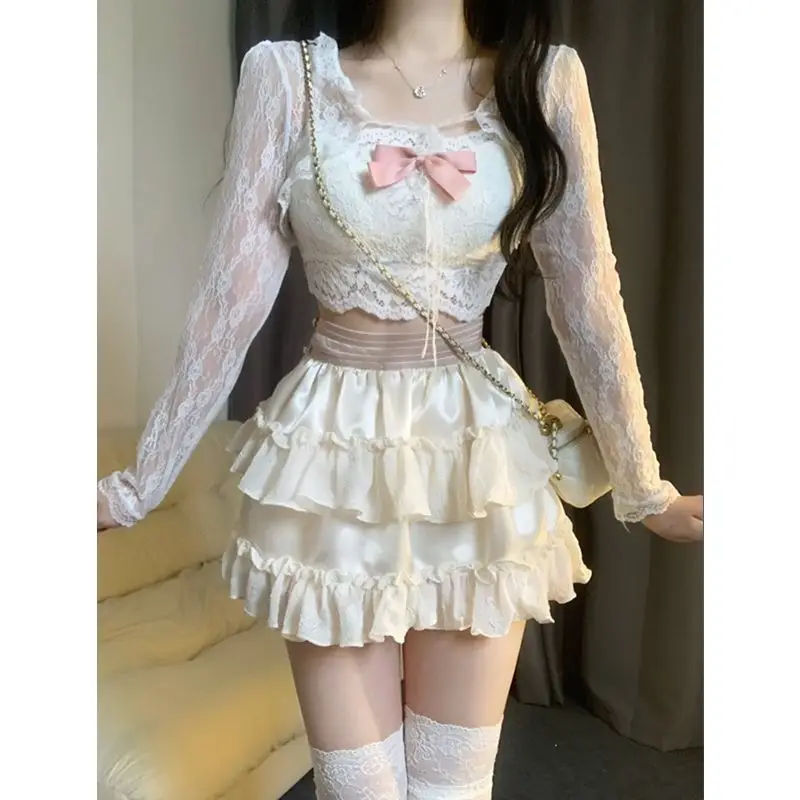 Japanese Lolita Kawaii 3 Piece Set Women Lace Sweet Party Cake Skirt Suit Female Bow Elegant Hight Waist Skirts  Summer 2024