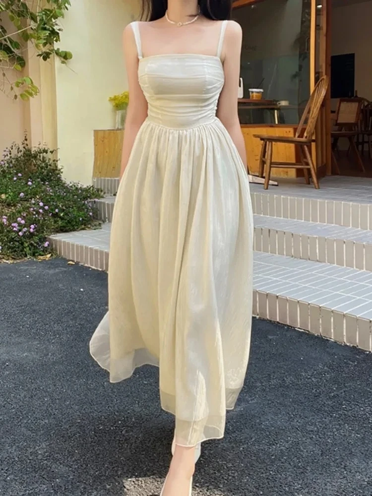 Vestido De línea A con tirantes finos para Mujer, ropa estética, camisola, Vestidos De Mujer, bata con pliegues, ropa De calle lisa De una pieza