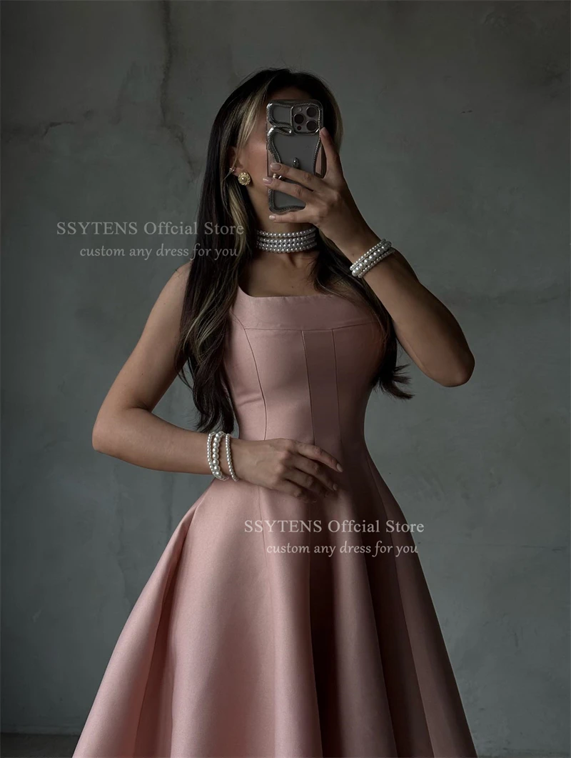 SSYTENS Elegant Pink Prom Dresses Square Collar A Line Formal Occasion Dress Tea Length платье женское Party Gowns