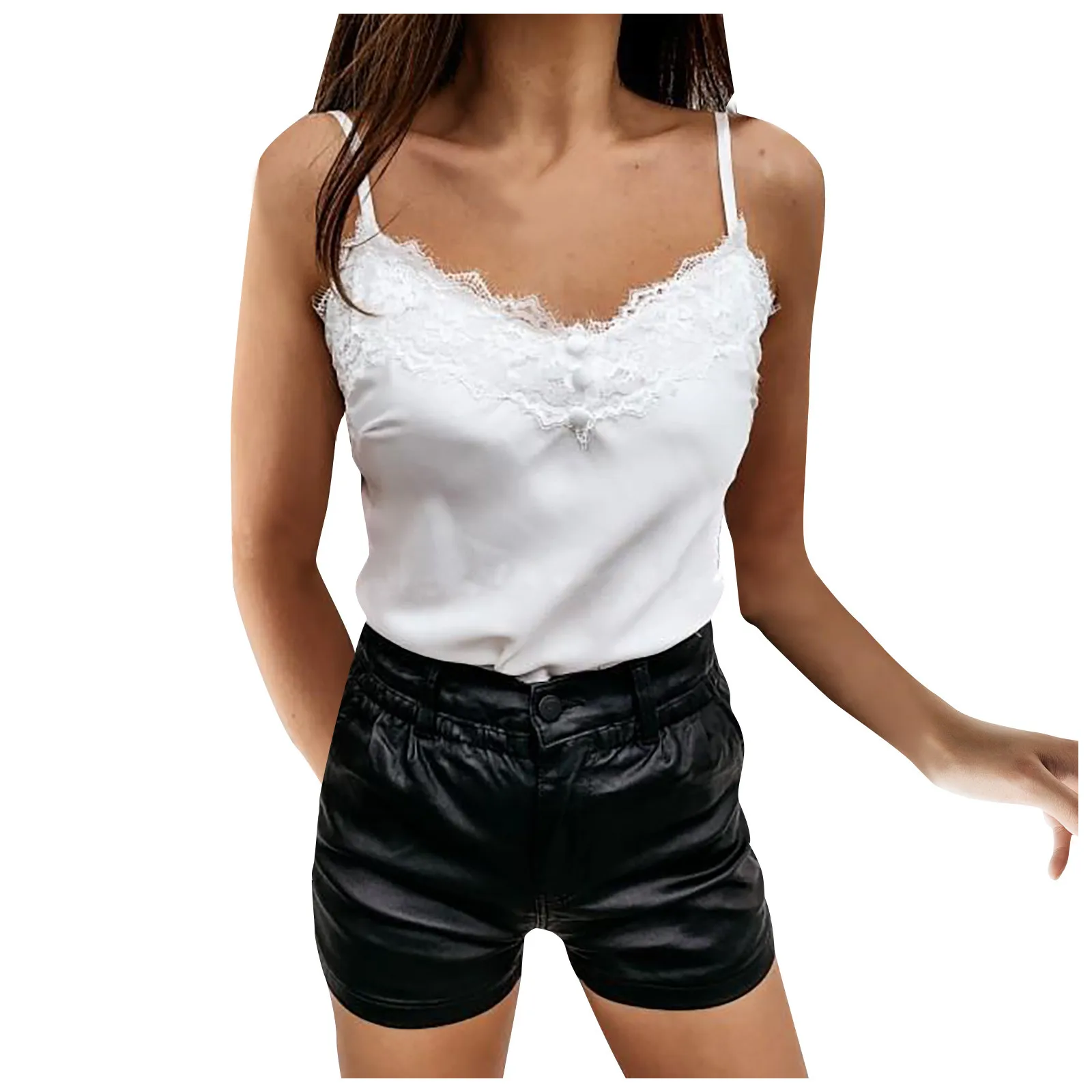 Summer Women Sexy Camisole Lace V Neck Spaghetti Strap Tank Top Ladies Satin Silk Feminino Button Vest Femme Top 2023 Футболка