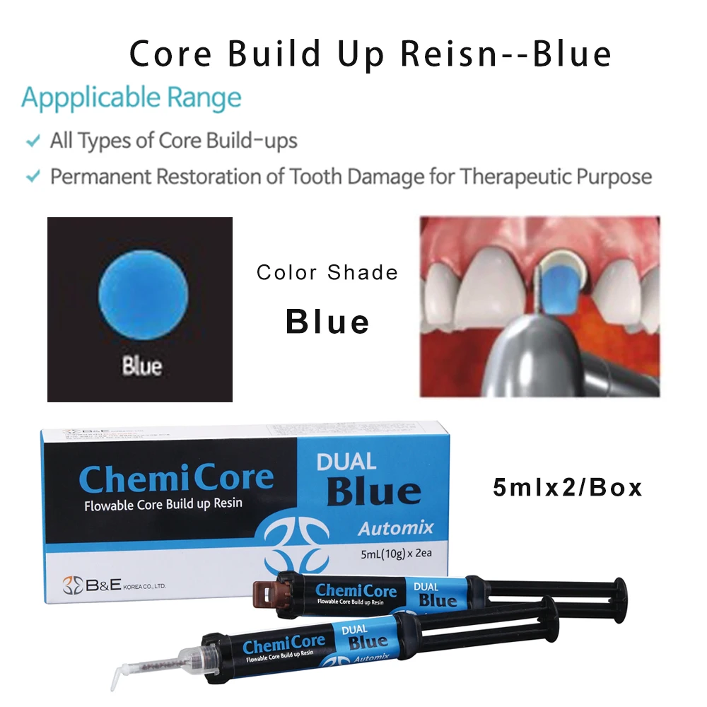 Dental Core Build Up Material Blue Dual Cure 5mlx2 Syringes Automix Abutment ChemiCore Post Cementation Dentistry Clinic Product