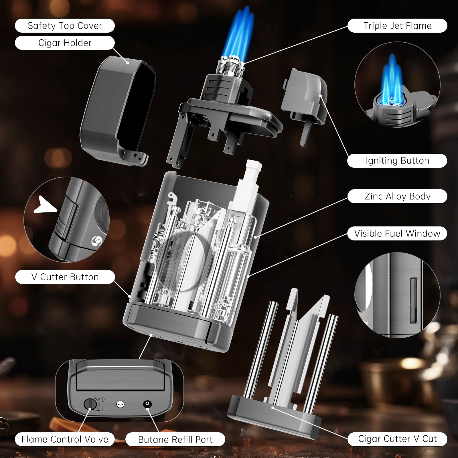 Cigar Lighter,Multi-Function Torch Lighter Built-in Cigar Holder&One-Touch Cutter V Cut, 3 Jet Flame Butane Lighters Accessories