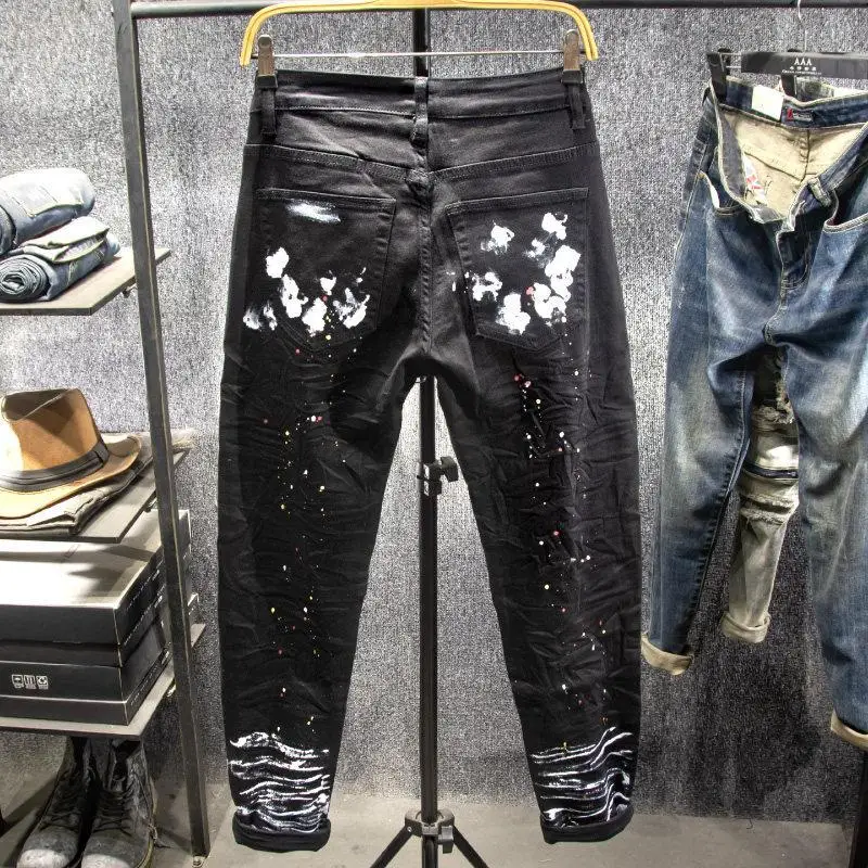 Men's Black Denim Jeans in American Biker Style with Painted Zip Decoration, Slim Tapered Cut, Casual Street Style, Long Pants