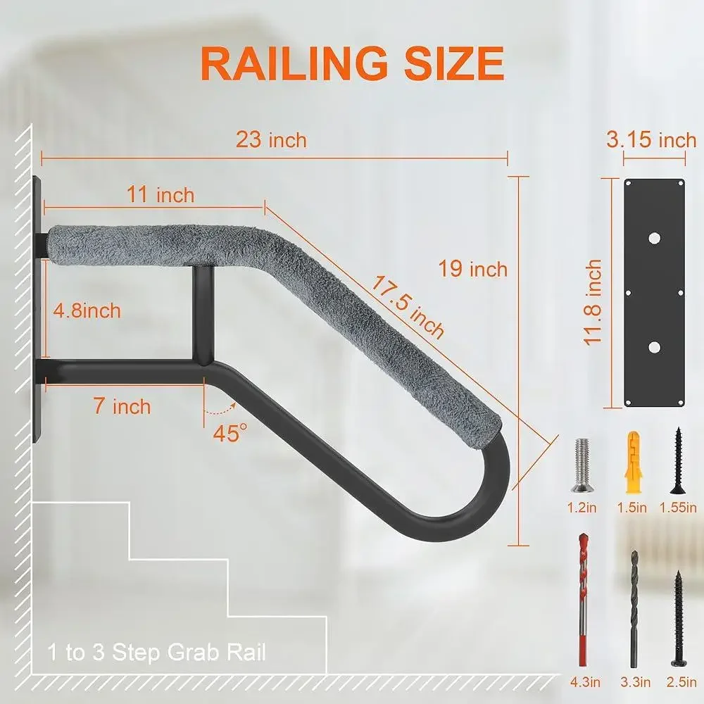 Outdoor Handrails Steps Wall Mount Grab Bars Safety Railing Kids Elderly 1-3 Steps Durable Steel Installation Tools Included