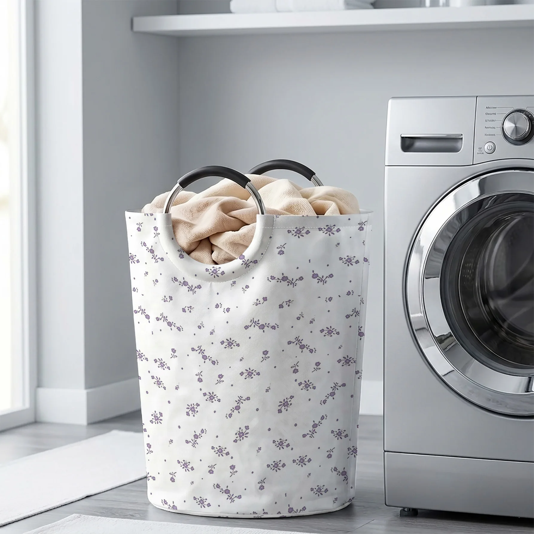 Light Purple Tiny Floral All‑Over Print Handheld Storage Basket, For Laundry, Bedroom & Home Sundries Storage