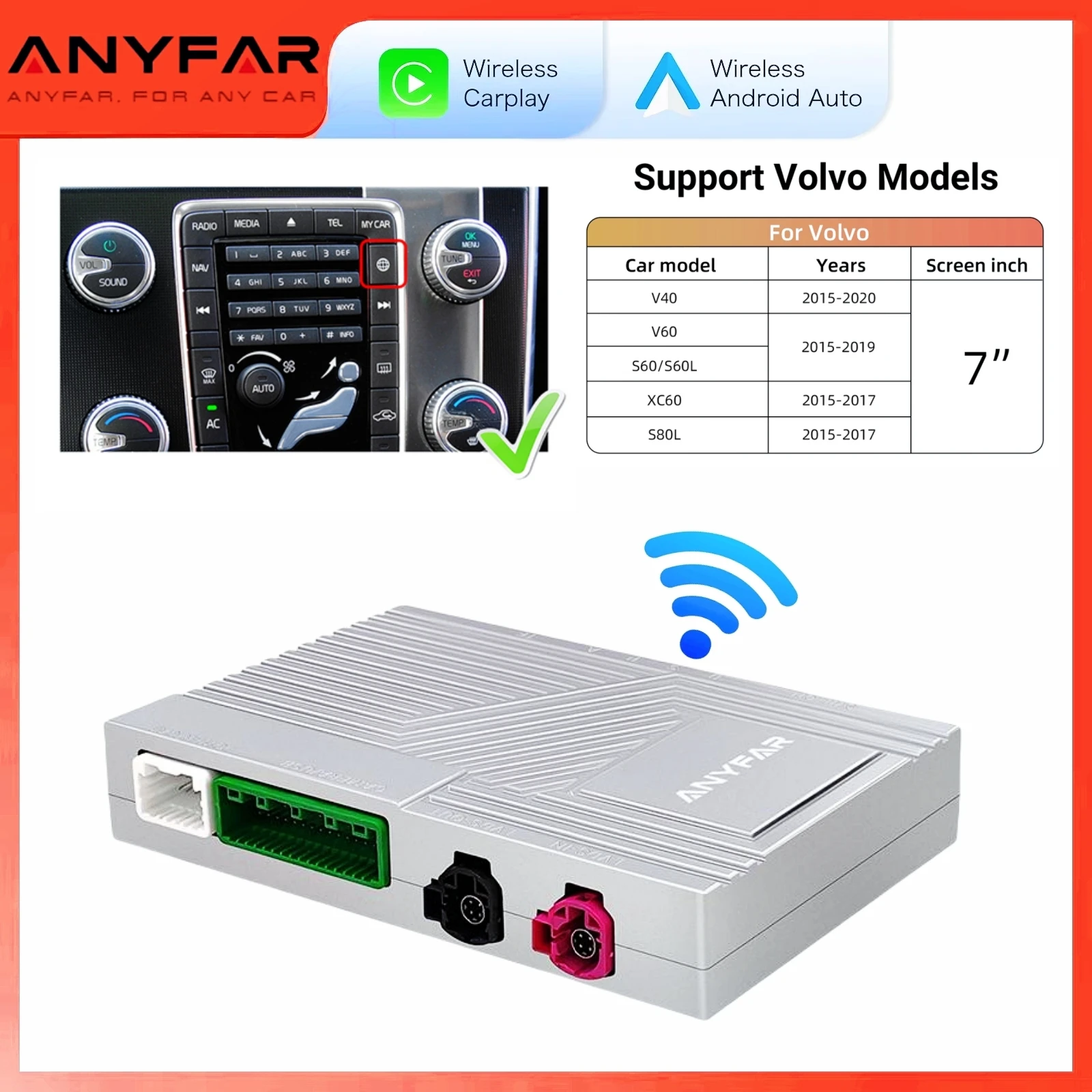ANYFAR New Wireless Carplay Android Auto Module For Volvo S60 S80 XC60 V60 V40 2015-2018 Support Cameras