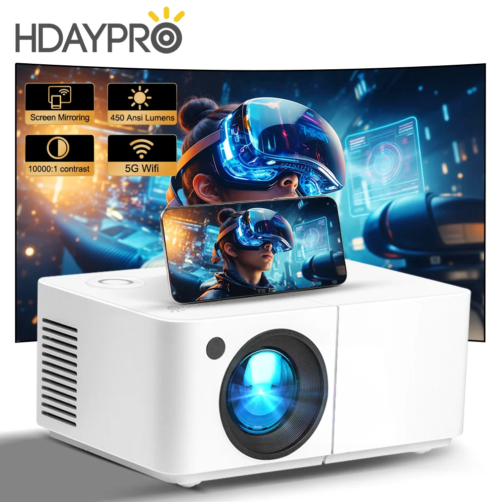 

PROGAGA HD300 Portable Projector 14000 Lumens 450Ansi Home Theater Projectors 5G WiFi BT Movie Video for Smartphone Outdoor