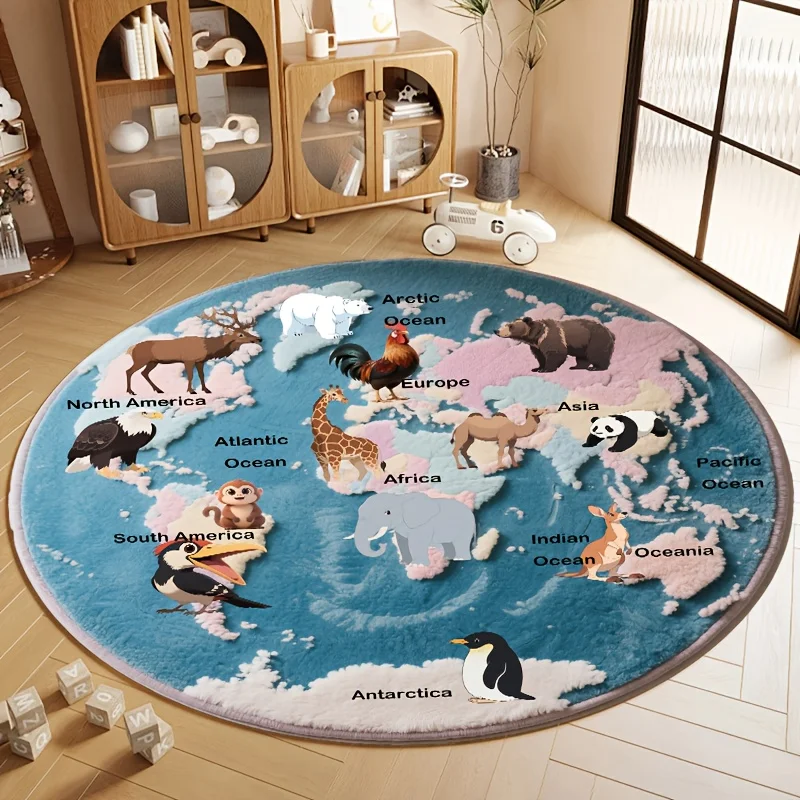 World Map with Animals Educational Round Rug for Kids Playroom Fun Learning Tool Colorful and Engaging Floor Mat