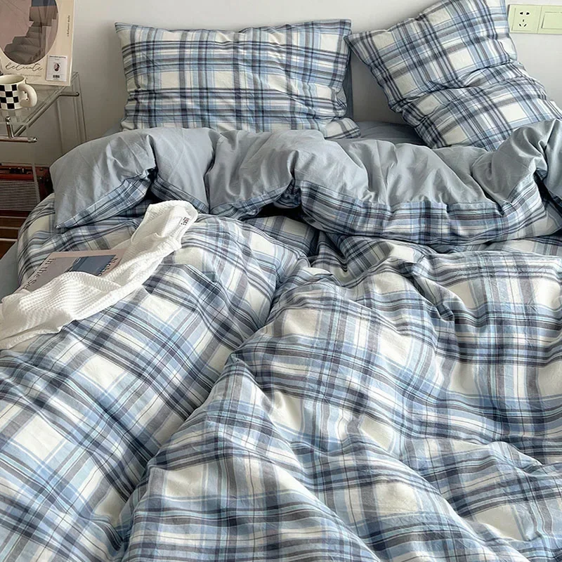 Japanese Style Cotton Printed 4Pcs Bedding Sets Skin Friendly Ab Double-Sided Design Duvet Cover Washed Comfort Set for Adults