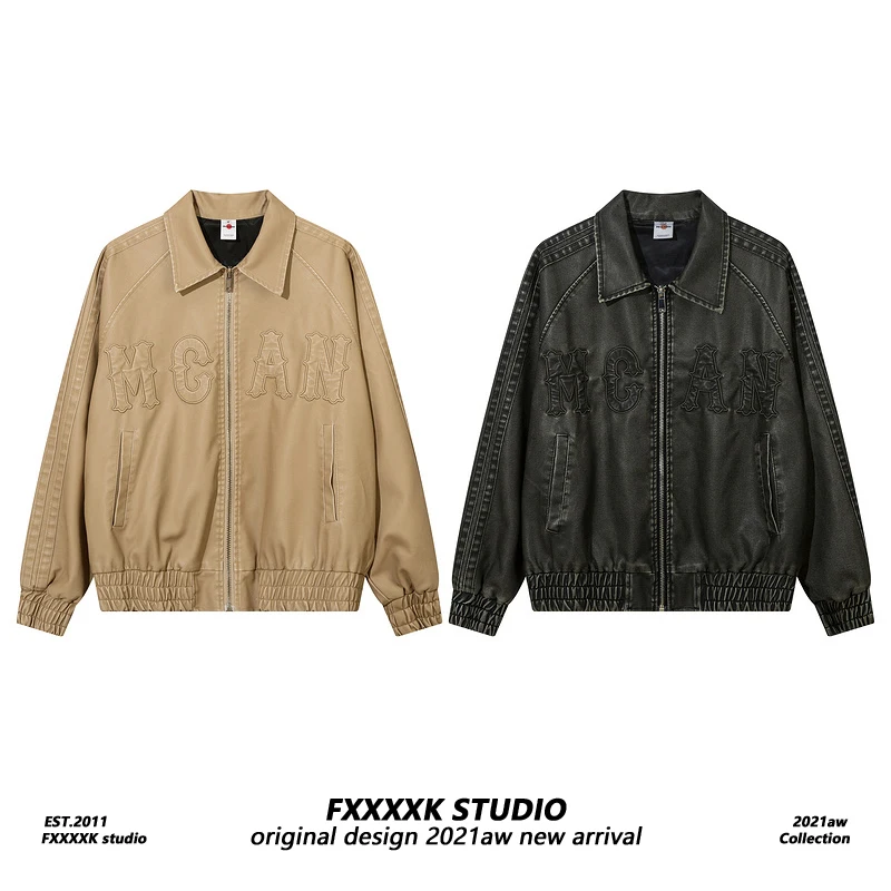 FXK Original bestickter Buchstabe PU-Leder Jaet Vintage American Street Sle Herren Damen Baseballmantel Herbst Oberbekleidung