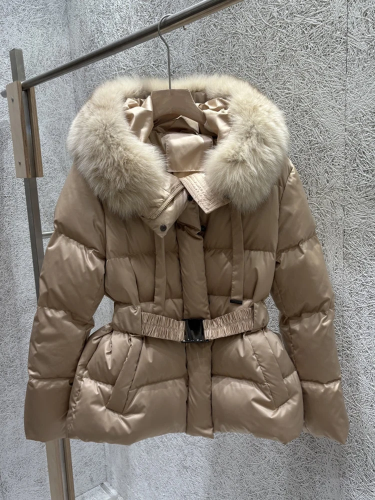 Women's Short Down Jacket with Belt (Winter 2026) – Slim-Fit Hooded White Duck Down Coat Featuring a Large Fox Fur Collar