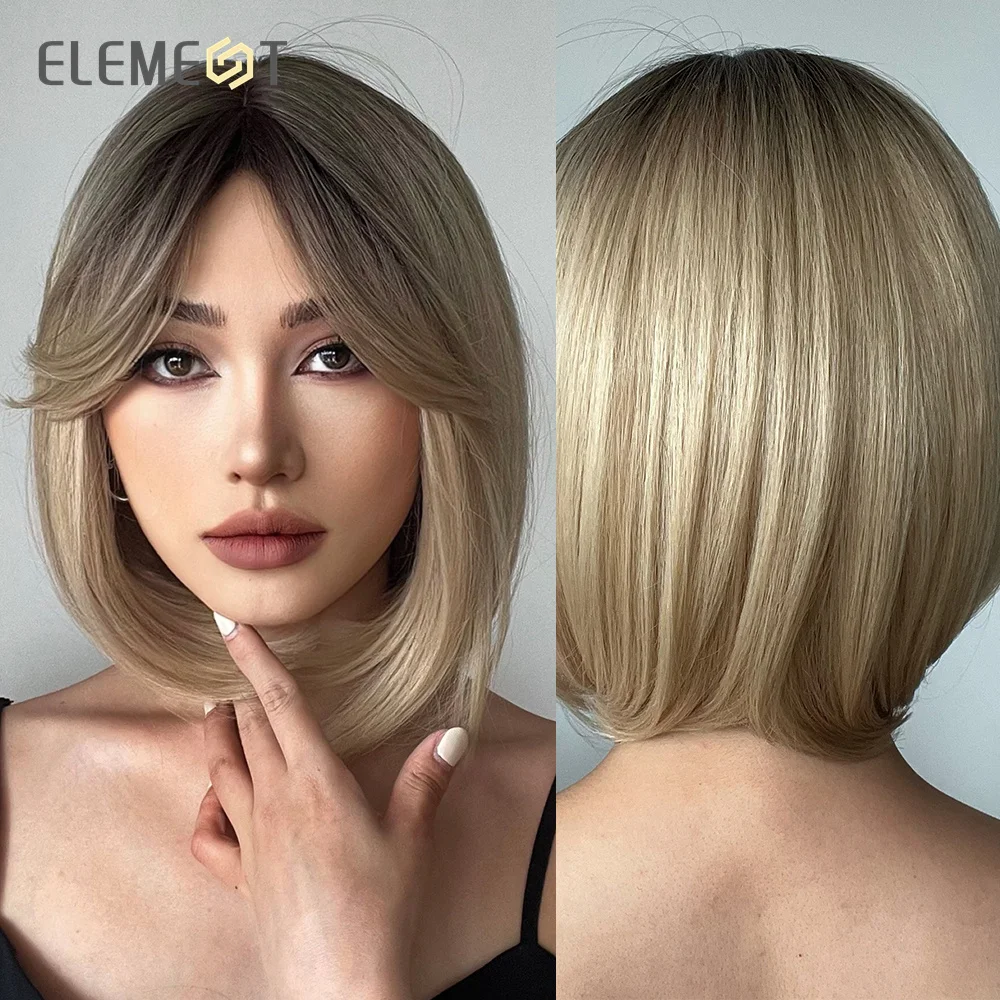 ELEMENT Synthetic Short Straight Wig Black Ombre Blonde Bob Wigs with Bangs for Women Cosplay Party Daily Hair Headband