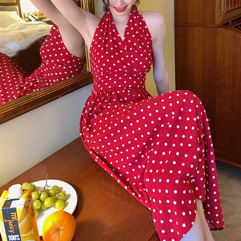 Retro red polka dot halter neck dress for women in summer, with a slimming waist  summer dress women