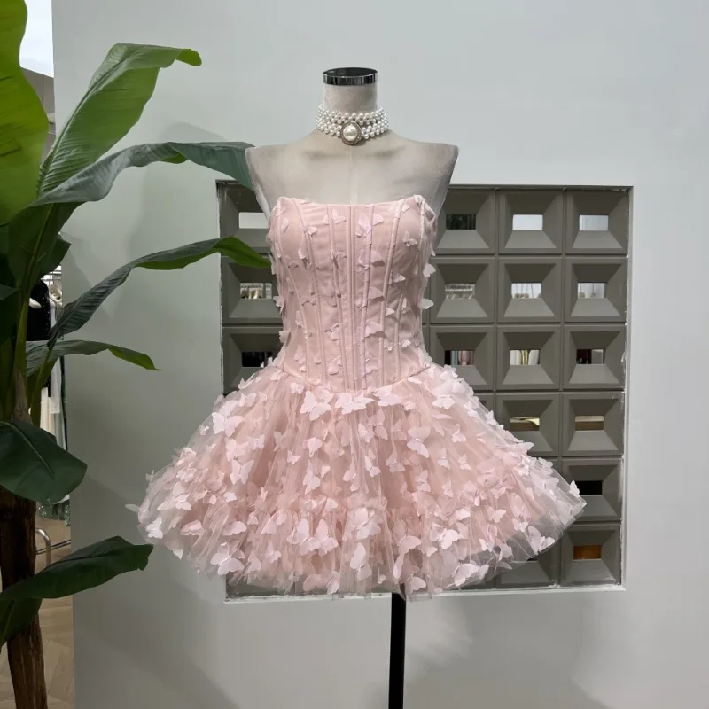 

Sweet Fishbone Lace Up Strapless Dress for Women Y2k Sexy Slim Waist Cake Dresses 2025 Summer New Pink Vestidos De Mujer
