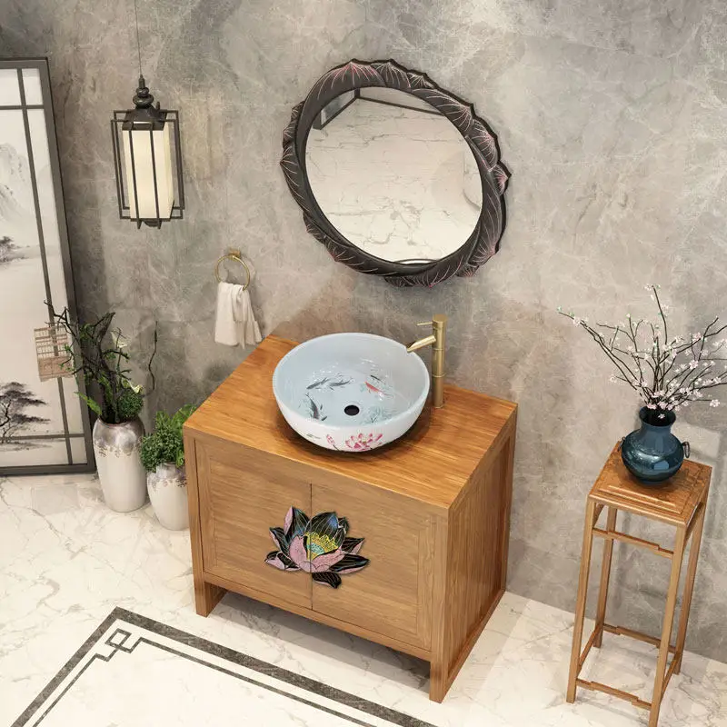 

Новый китайский комплект мебели для ванной комнаты, тумба под раковину, набор для ванной из массива дерева
