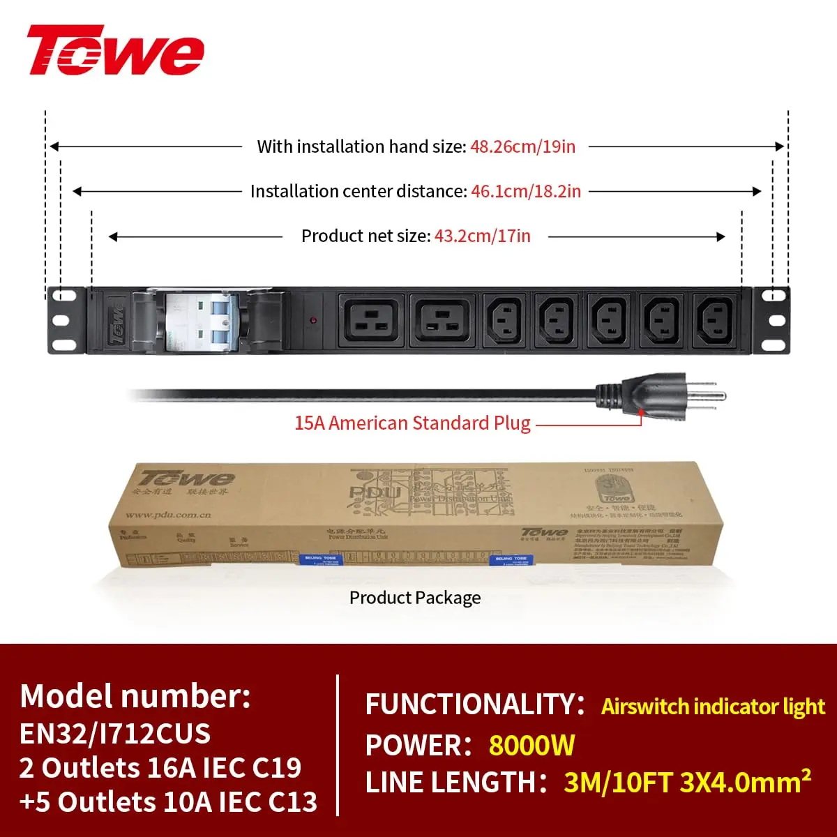 Hybrid Rack PDU 2 IEC C19 + 5 IEC C13 Outlet 16A Heavy Duty Metal Power Distribution Unit with Circuit Breaker for Server Center