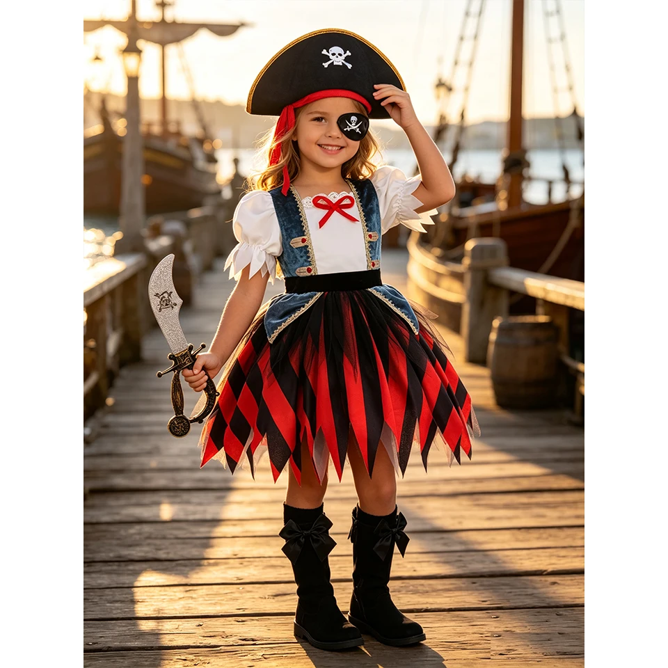Fancy Little Girls Pirate Princess Dress Halloween Role Play Masquerade Performance Children Costume Carnival Party Kids Clothes