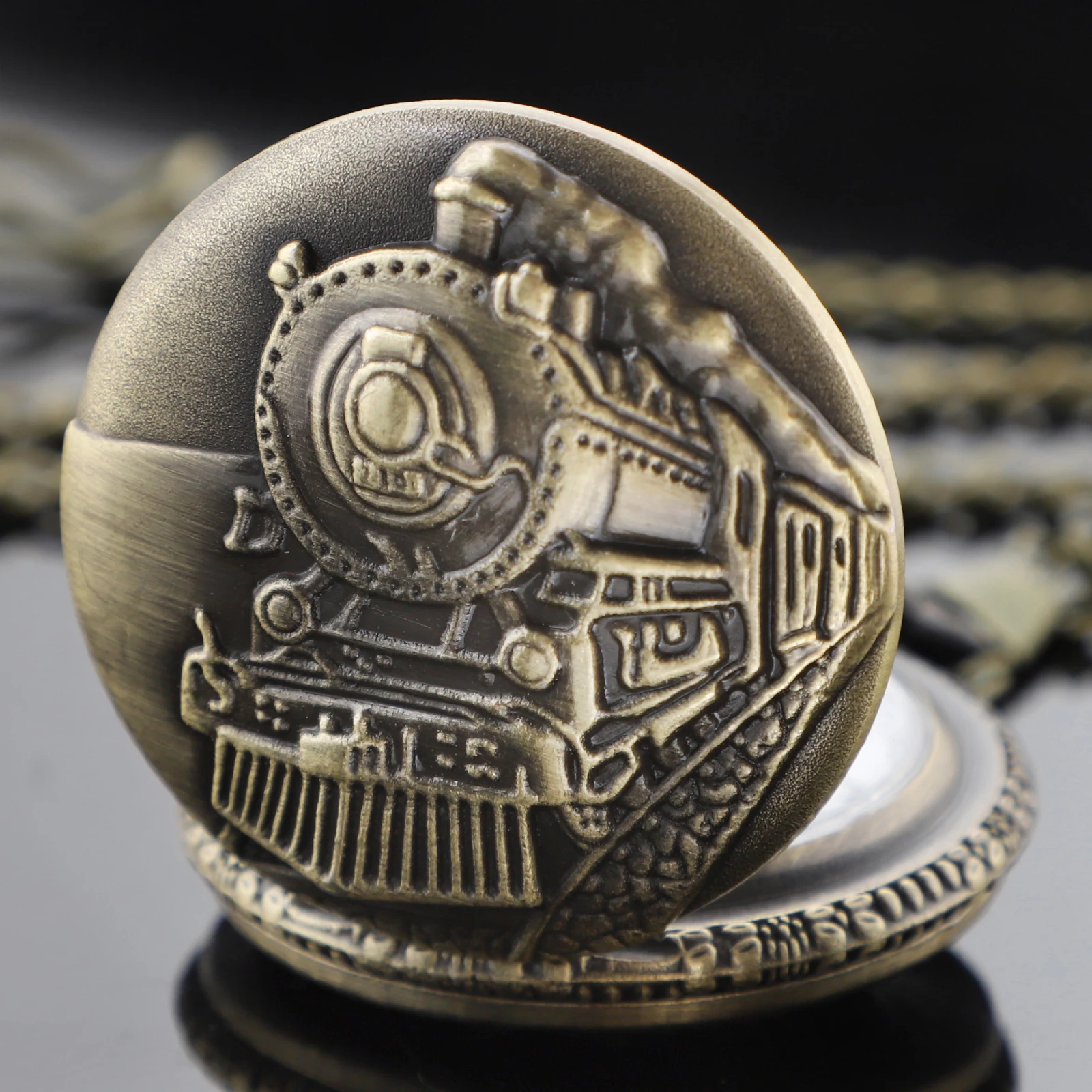 청동 고대 증기 기관차 조각 석영 주머니 시계 빈티지 남성 펜던트 Fob 체인 시계 남자 크리스마스 선물