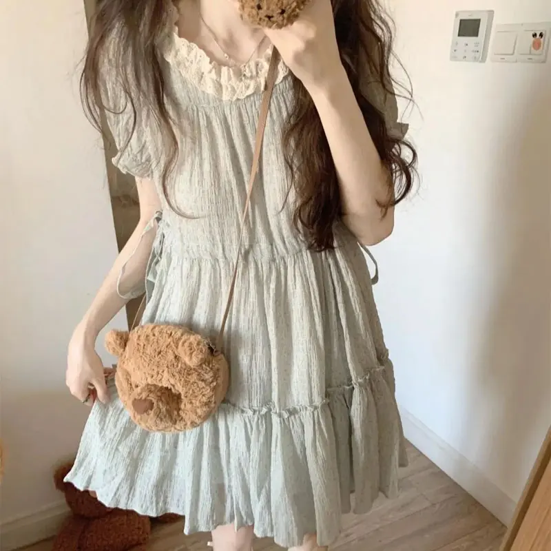 

Mori Girl Style Broken Flowers A-Line Dresses Summer New Puff Sleeve Women's Clothing Round Neck Stylish Lace Spliced Mini Dress