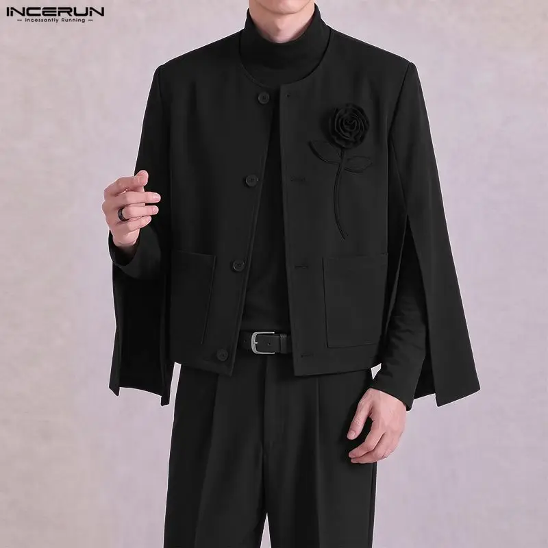 2026 Men's Blazer Flower Patchwork Streetwear Split Long Sleeve Button Male Suits Pockets Fashion Casual Blazer For Man INCERUN