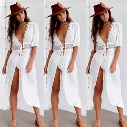 Bikini Cover Up Beach Long Maxi Dress Women Beach Cover Up Tunic Pareo White V Neck Dress Robe Swimwear Bathing Suit Beachwear