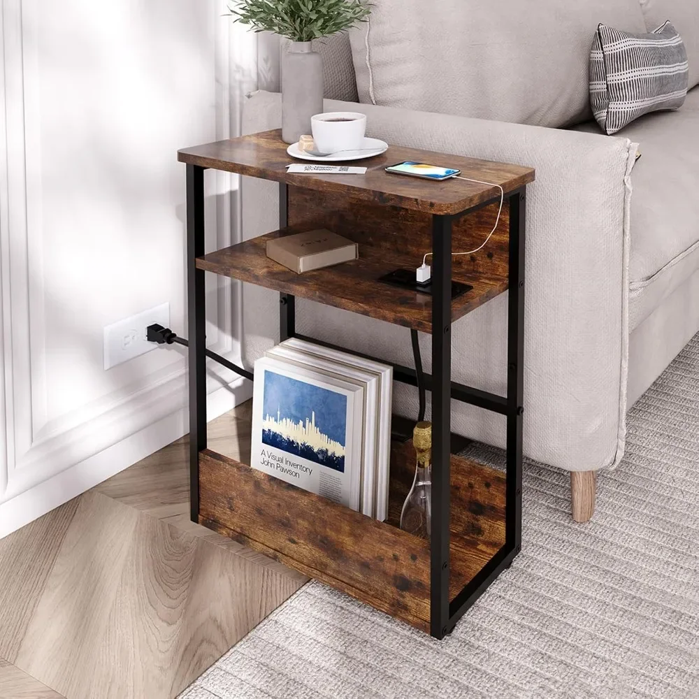 Narrow Side Table with Charging Station, 3 Tier Slim End Table for Small Spaces, 23.6 Inch Height Thin Tables