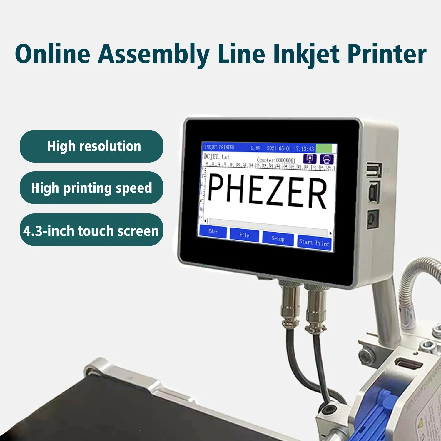 Phezer 4.3 Inch 12.7mm Nozzle P130Pro Online Inkjet Printer Ink Cartridge Label Printer QR Strip Number Logo Expiration Date