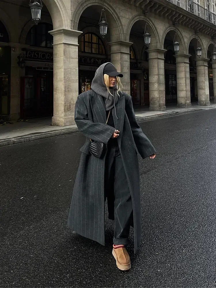 Women Autumn Winter Stripes Loose Overcoat Elegant Lapel Full Sleeves Oversize Long Coat Fashion Lady Commuting Street Outwear