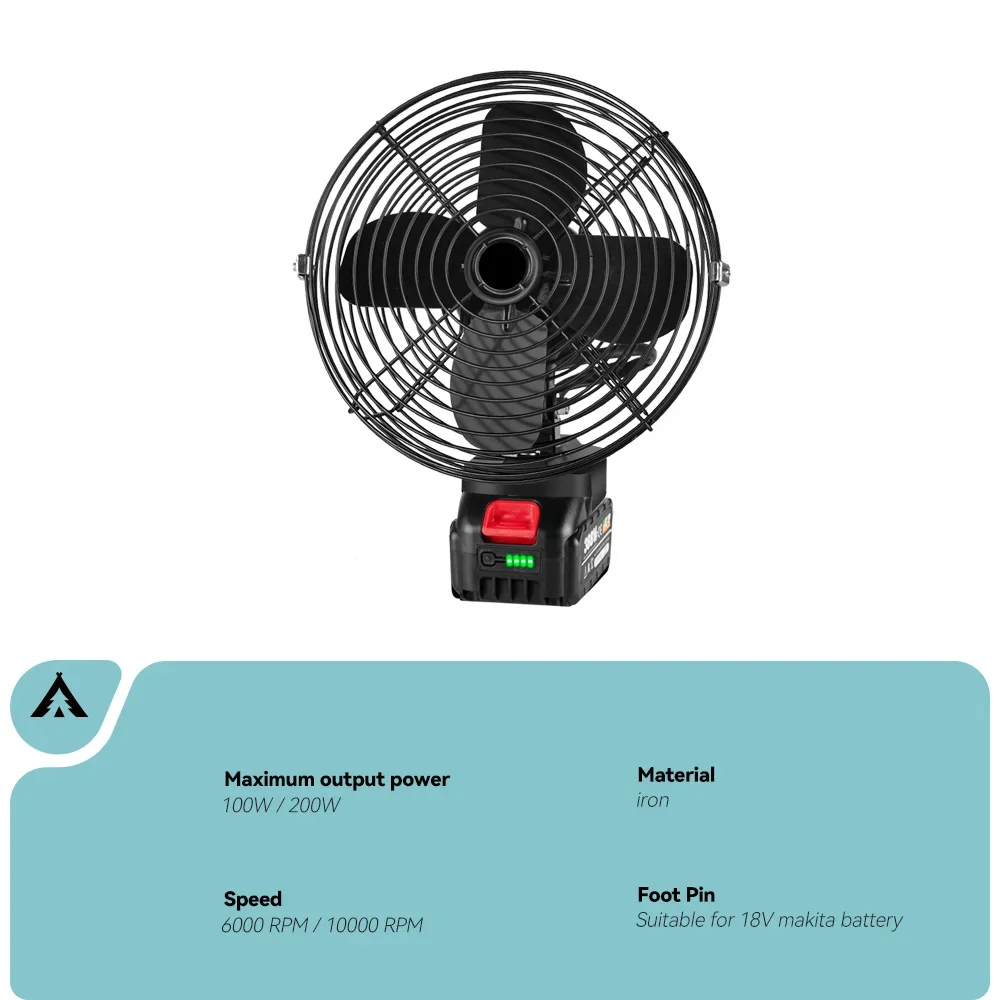 Sem fio ventilador elétrico, Outdoor Camping Fan, ventilador Jobsite para Makita 18V bateria, 10000RPM bateria de lítio, 6 \