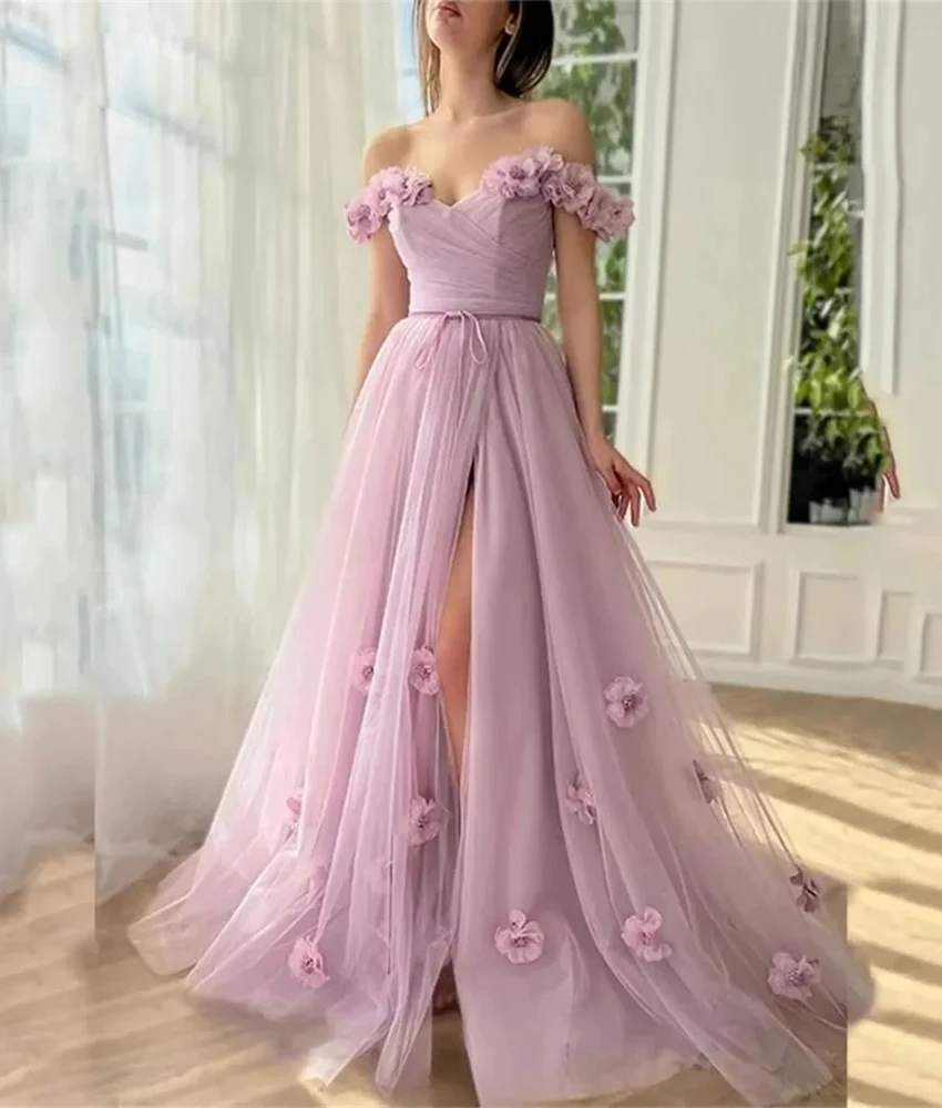 

Customized Classic Tulle A-Line Off the Shoulder 3D Flowers Bow Beading Evening Dress Delicate Sweetheart Celebrity Gowns