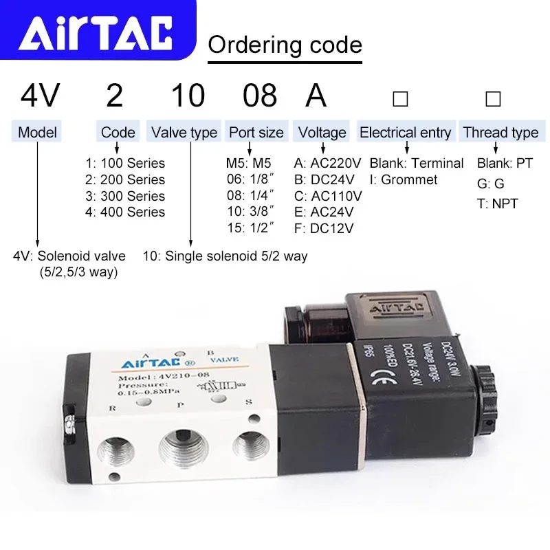 HLH AIRTAC Original Pneumatic 5/2 Way Solenoid Valve 4V110-06 4V210-08 4V310-10 4V410-15 12V 24V 110V 220V Direction Control Val