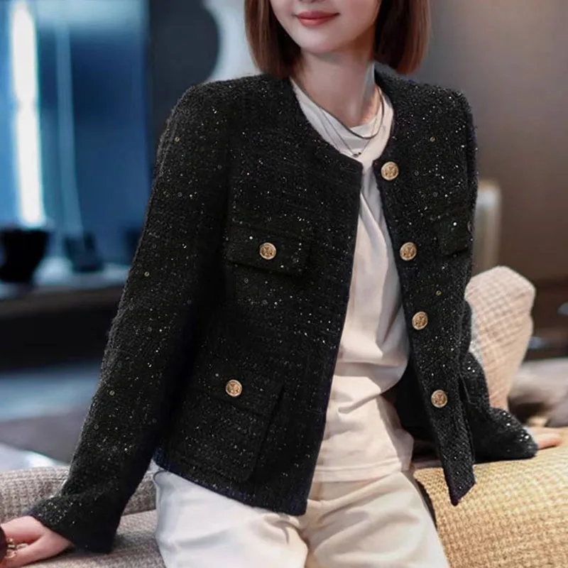 Lucyever Fashion Sequin Short Jacket Women Autumn Winter Korean Chic Single-Breasted Coat Ladies Streetwear Long Sleeve Outwear