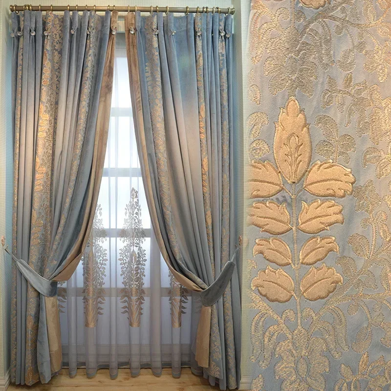 European-style Blue Velvet Screen Luxury Curtains for Living Dining room Bedroom Decorative Tulle Embroidery Curtains Custom